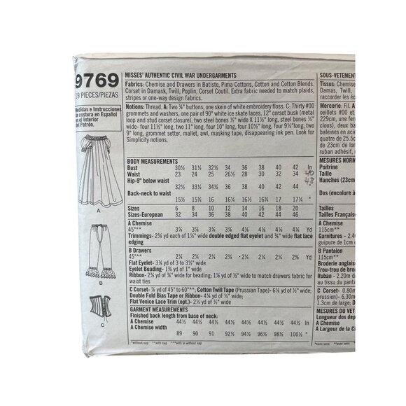 Simplicity 9769 Civil War Undergarments Sewing Pattern Size 6-12 Chemise Corset - Picture 2 of 2